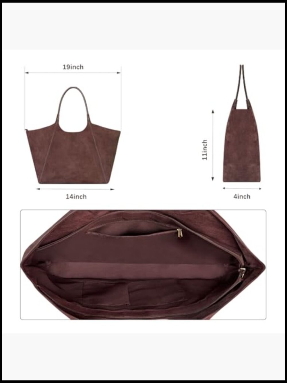 Faux Suede Tote Bag Slouchy Lightweight Large Laptop Shoulder Work Bag - Picture 6 of 7